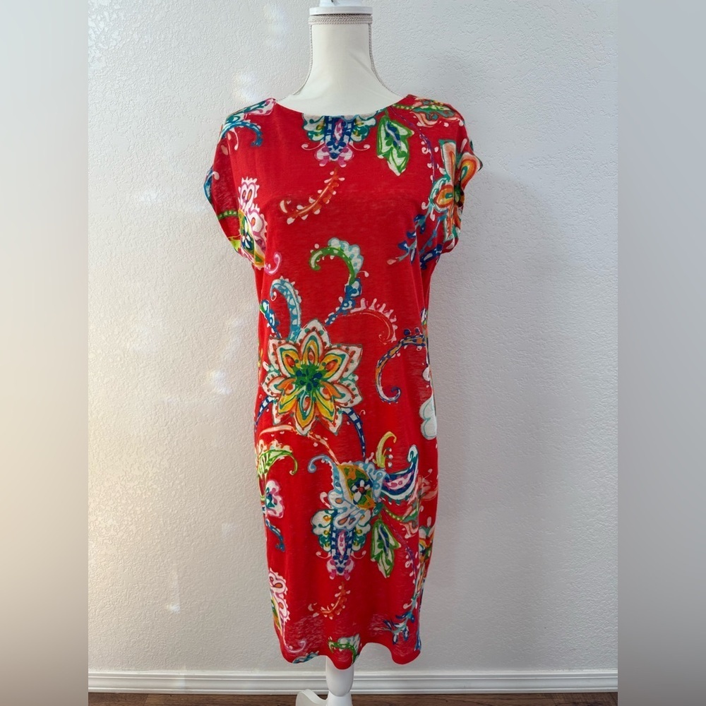 RALPH LAUREN LAUREN S Red Floral Linen Sheath Midi Dress Cap Sleeve Boat Neck